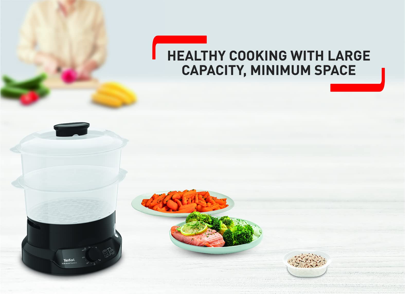 TEFAL STEAM COOKER BLACK , 1 year warranty طباخ بخار ميني كومباكت من تيفال، سعة 800 واط، 2 وعاء، وعاء للارز، اسود TEFAL STEAM COOKER BLACK , 1 year warranty طباخ بخار ميني كومباكت من تيفال، سعة 800 واط، 2 وعاء، وعاء للارز، اسود